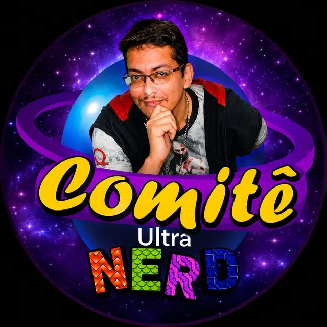 Vinny Manson no logo do Comitê Ultra Nerd, com o planeta azul e o anel roxo